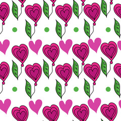 Obraz na płótnie Canvas Stylized flowers with hearts in horizontal rows seamless pattern, fantasy elements in pink and green on a white background
