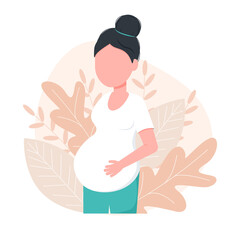 Pregnant young woman is expecting a baby. Pregnancy concept. Family and motherhood concept. Vector illustration isolated on white background