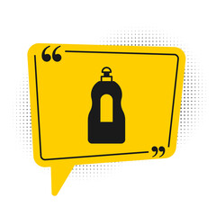 Obraz premium Black Dishwashing liquid bottle icon isolated on white background. Liquid detergent for washing dishes. Yellow speech bubble symbol. Vector