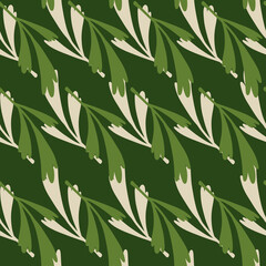 Herbal seamless pattern with natural botanic leaf ornament. Green background. Decorative floral print.