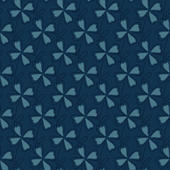 Abstract decorative seamless pattern with botanic clover leaf ornament. Navy blue dark background.