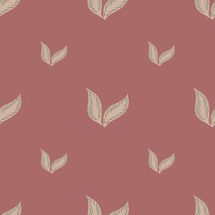 Spring style seamless pattern with grey leaves elements print. Pink background. Minimalistic style.