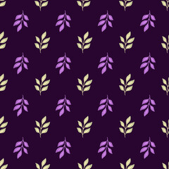 Contrast botanic seamless pattern with doodle leaves branches elements. Purple print silhouettes.