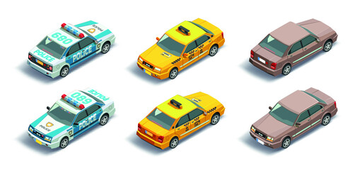 3d Isometric police car, taxi cab, regular car. Vector illustration vehicles isolated on white background . 