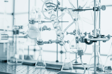 Glass chemical equipment in a chemistry lab