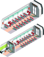 3d isometric train interior. Vector illustration isolated on white background.