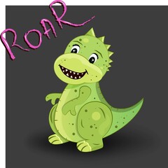 Cool children's picture with a dinosaur. The Dragon. Gray background. Vector. Illustration. Flat style. Animation. Cartoon.  Text Roar.