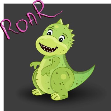 Cool children's picture with a dinosaur. The Dragon. Gray background. Vector. Illustration. Flat style. Animation. Cartoon.  Text Roar.