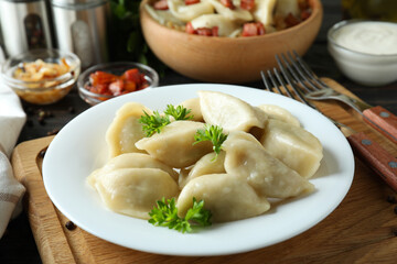 Concept of tasty food with vareniki or pierogi, close up