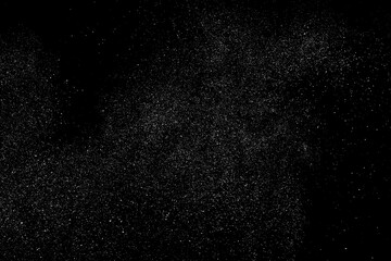 Distressed white grainy texture. Dust overlay textured. Grain noise particles. Snow effects pack. Rusted black background. Vector illustration, EPS 10.  