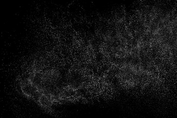 Distressed white grainy texture. Dust overlay textured. Grain noise particles. Snow effects pack. Rusted black background. Vector illustration, EPS 10.  