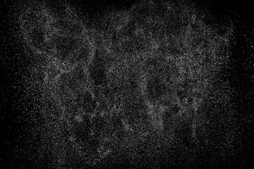 Distressed white grainy texture. Dust overlay textured. Grain noise particles. Snow effects pack. Rusted black background. Vector illustration, EPS 10.  
