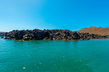 Greece Santorini island wide angle seascape view of colorful sea of caldera at the volcano   at...