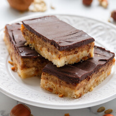 Homemade Vegan cocoa dates chocolate bars with coconut, hazelnuts, walnuts and sunflower seeds on a white background. Healthy dessert. The concept of plant food. Shallow depth of field