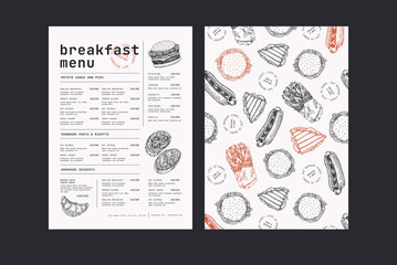  Restaurant breakfast vertical menu template. Cafe identity. Minimalist style. Engraved fast food illustrations. 