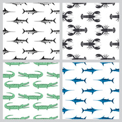 Swordfish, Crocodile, Shrimp Cartoon vector seamless vector pattern isolated on white background. design for use background, fabric, wallpaper and others. Vector art illustration.