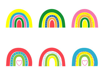 Set of rainbows with hearts, clouds, rain in childish scandinavian style style isolated on white background. Modern baby, kid illustrations. Rainbow in different shapes.