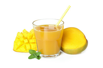 Mango juice and fruit isolated on white background