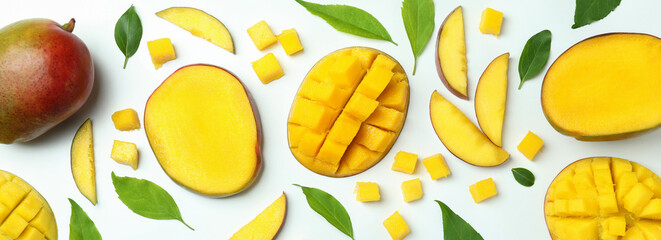 Ripe mango fruits on white background, top view