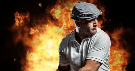 Caucasian male golf player swinging golf club against fire flame effect on black background