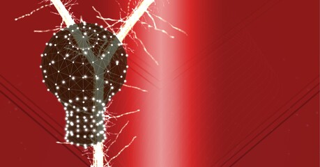 Digitally generated image of network of connections forming a bulb against red technology background