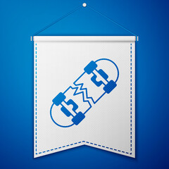 Blue Broken skateboard icon isolated on blue background. Extreme sport. Sport equipment. White pennant template. Vector
