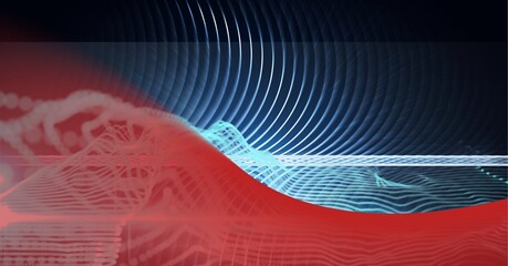 Digitally generated image of blue light trails against red technology background