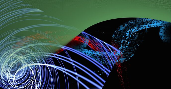 Digitally generated image of blue spiral light trails against green technology background - Powered by Adobe