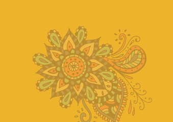 Digitally generated image of decorative colorful floral pattern design against yellow background