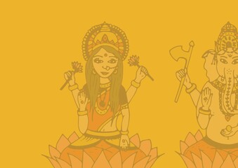 Digitally generated image of indian god and goddess against yellow background