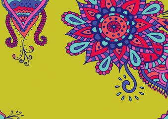 Digitally generated image of colorful decorative floral designs against yellow background