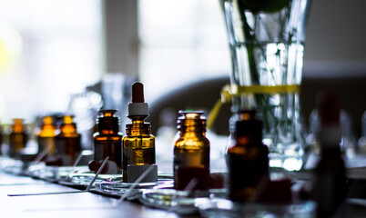 Perfume bottles in a row on a table