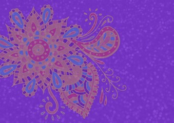 Digitally generated image of colorful decorative floral designs and white spots on purple background