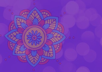Digitally generated image of colorful floral designs and spots of light on purple background