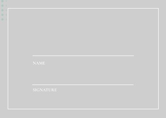 Name and signature text with white lines and copy space against grey background