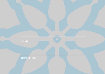 Name and signature text with white lines and copy space with floral design on grey background