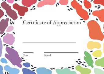 Template of certificate of appreciation with copy space against paint splatters on white background