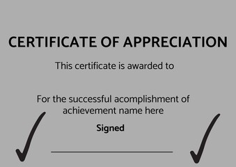 Template of certificate of appreciation with copy space against grey background