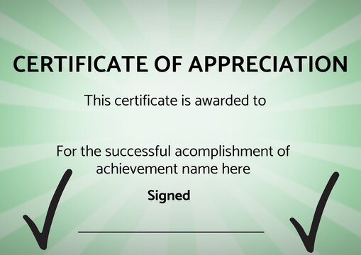 Template of certificate of appreciation with copy space against green radial background