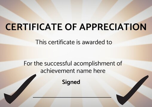 Template of certificate of appreciation with copy space against orange radial background