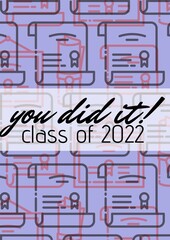 You did it class of 2021 text against graduation certificate and degree icons on purple background