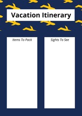 Vacation itinerary text with copy space against multiple airplane icons on blue background