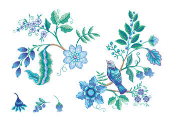 Fantasy flowers in retro, vintage, jacobean embroidery style. Embroidery imitation isolated on white background. Vector illustration. Set of elements for design, clip art.