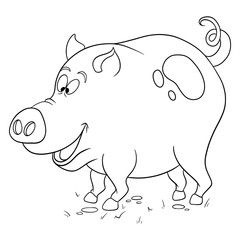 Animal character funny pig in line style coloring book