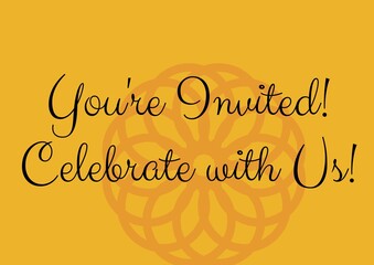 Invitation and celebration text against decorative floral design on yellow background