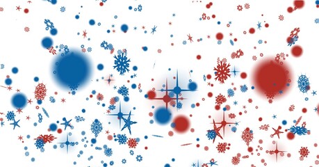 Digitally generated image of blue and red stars and snowflakes against white background
