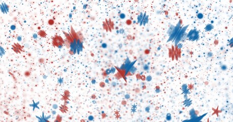 Digitally generated image of blue and red stars and spots against white background