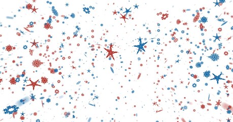 Digitally generated image of blue and red stars and snowflakes against white background