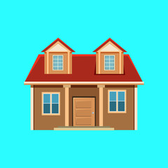 flat houses and buildings isolated on blue background. Front view exterior house with roof. Modern residential. Townhouse building apartment. Facade of the house with doors and windows. 