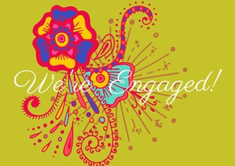 We are engaged text against colorful decorative floral design on yellow background